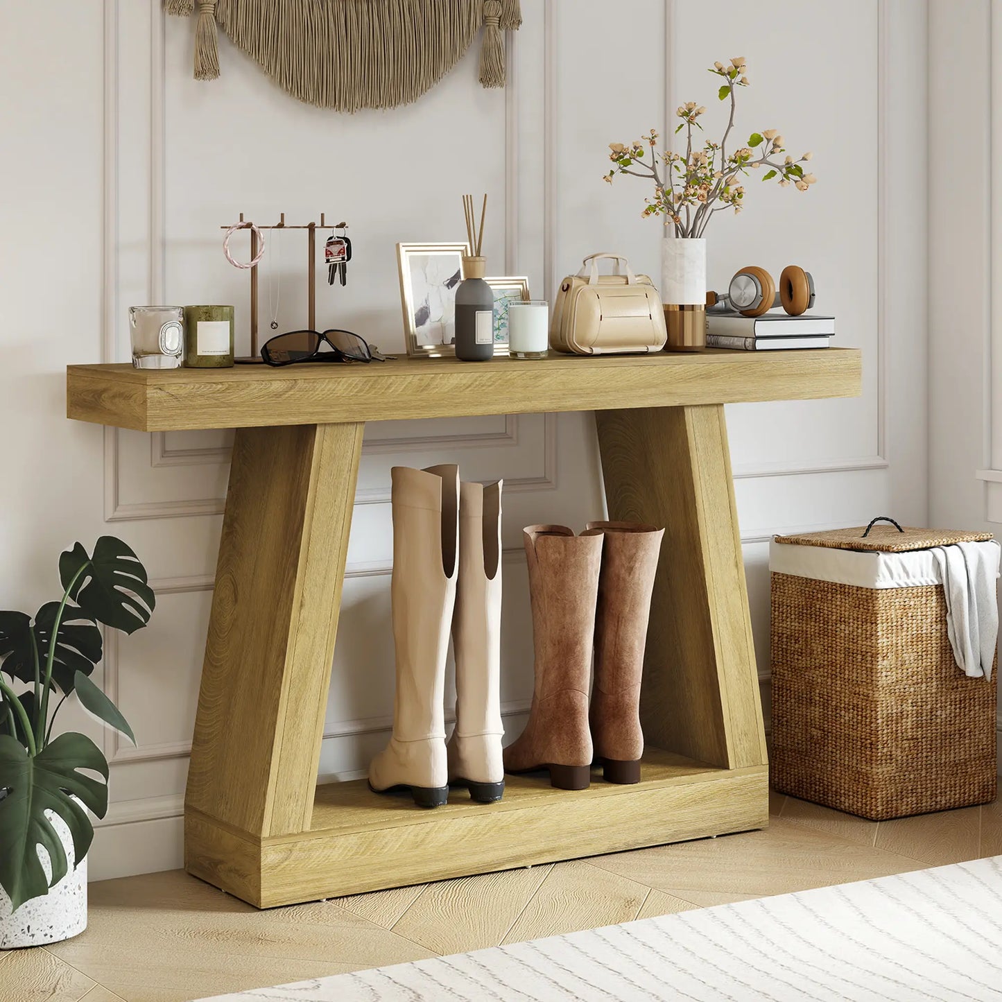 55" Farmhouse Console Table with Storage, Oak Console Tables at Gallery Canada