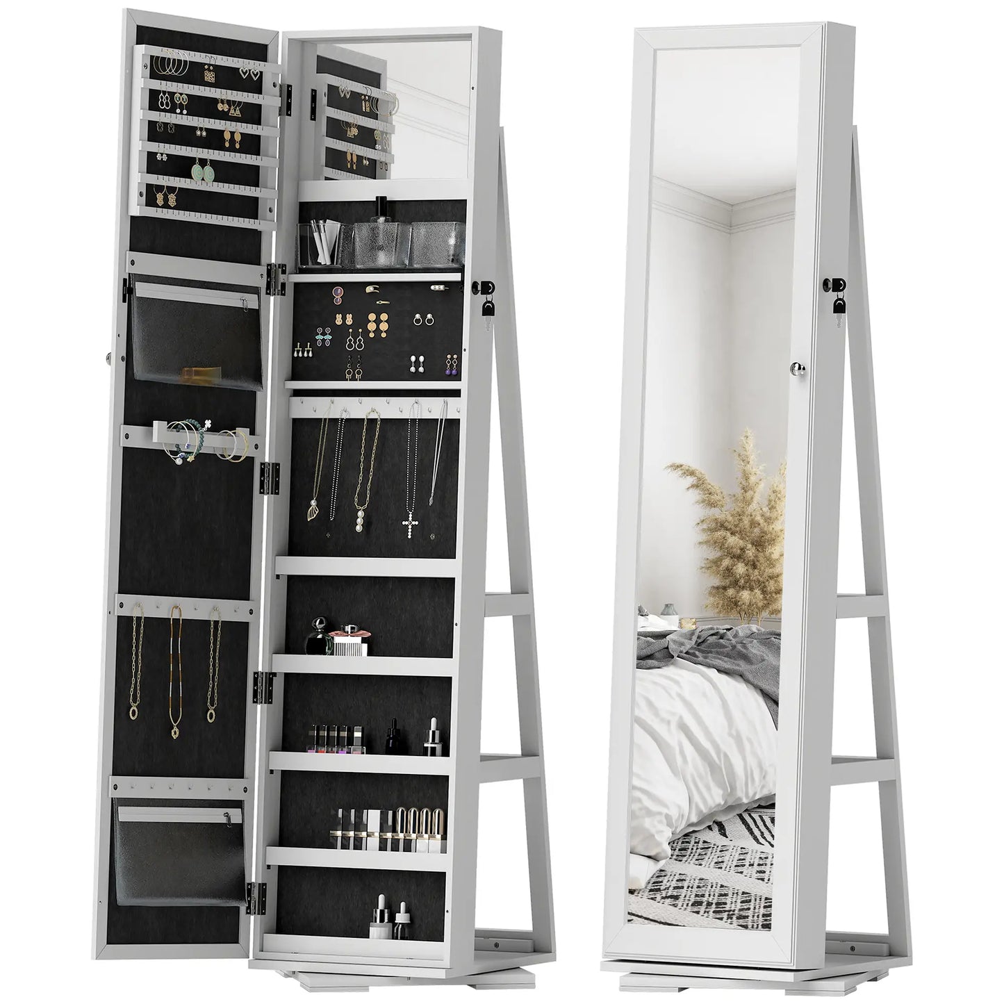 360° Swivel Jewelry Armoire, Lockable Mirror Cabinet, White Jewelry Armoire & Jewellery Mirror Cabinets White at Gallery Canada