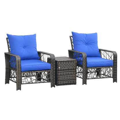 3 Pc Wicker Patio Set, Rattan Bistro with Storage Table, Thick Cushions, Blue Bistro Sets Grey-brown Wicker, Blue Fabric at Gallery Canada
