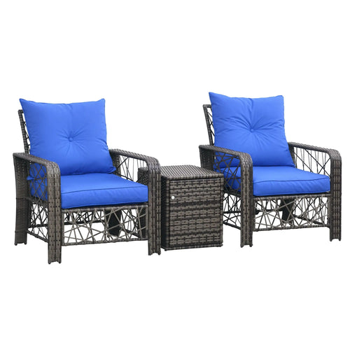 3 Pc Wicker Patio Set, Rattan Bistro with Storage Table, Thick Cushions, Blue