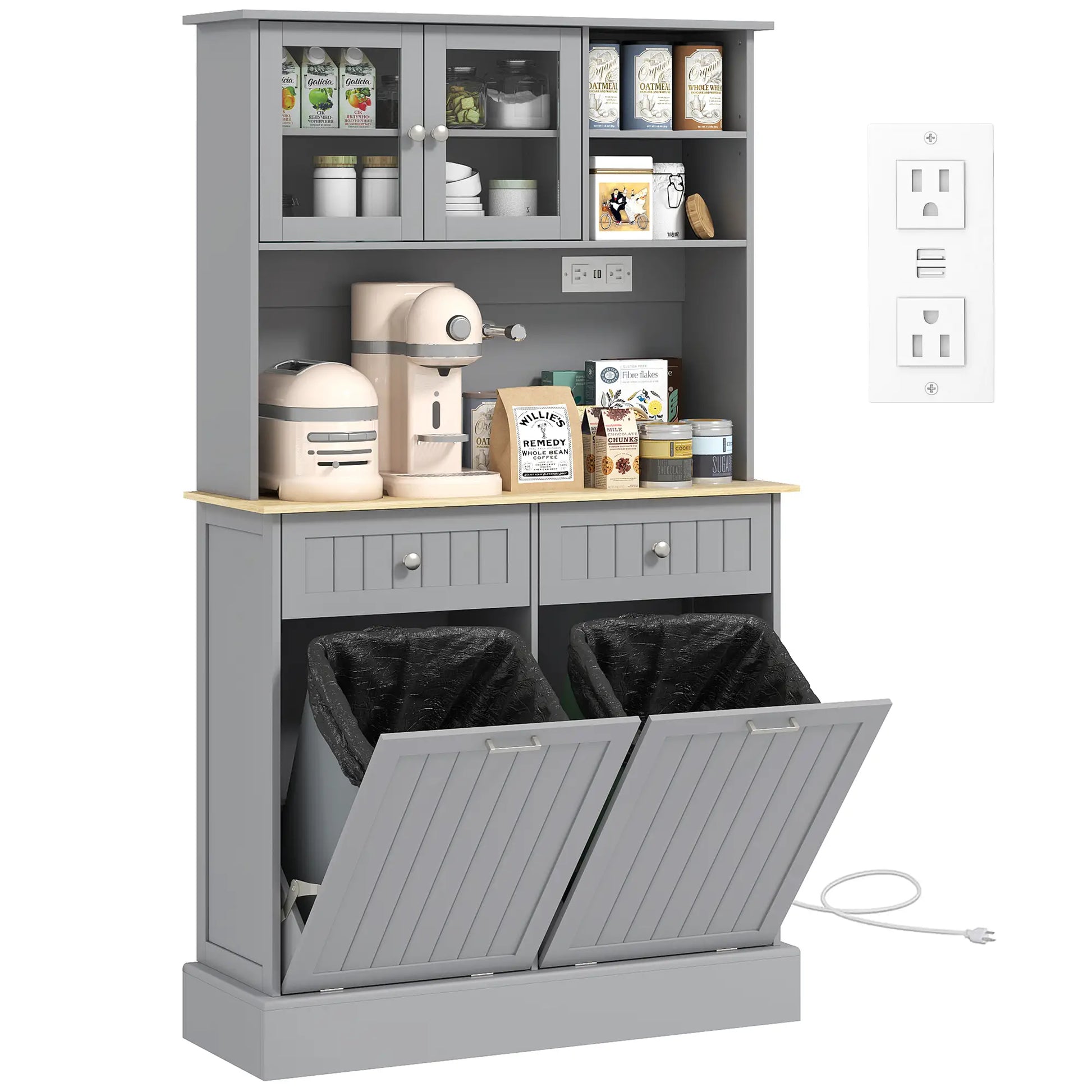 Kitchen Cabinet with Charging Station, 2 Tilt Out Cabinets, Microwave Stand, Grey Kitchen Pantry Cabinets at Gallery Canada