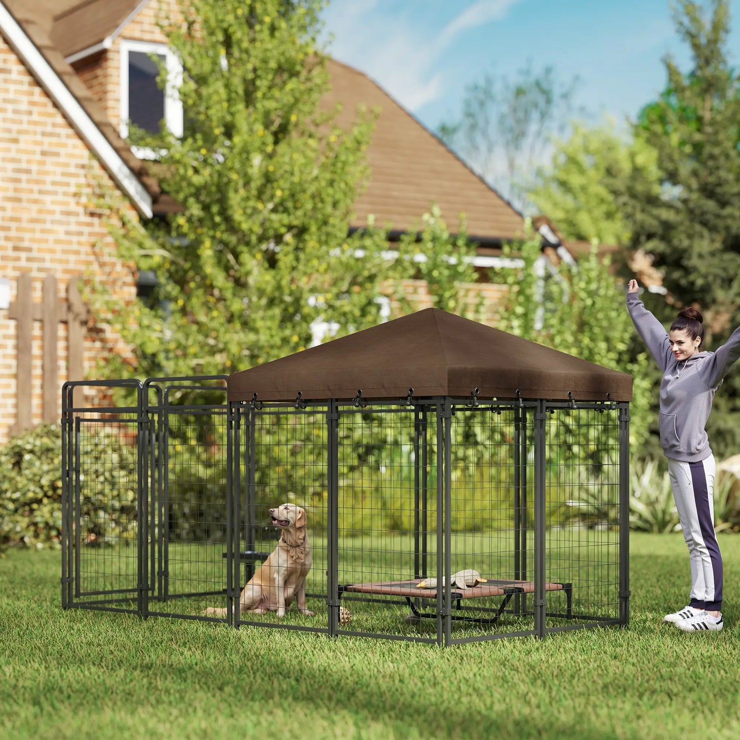 Outdoor Dog Kennel with Waterproof Canopy, Galvanized Chain Link Run, Black Houses, Kennels & Pens at Gallery Canada