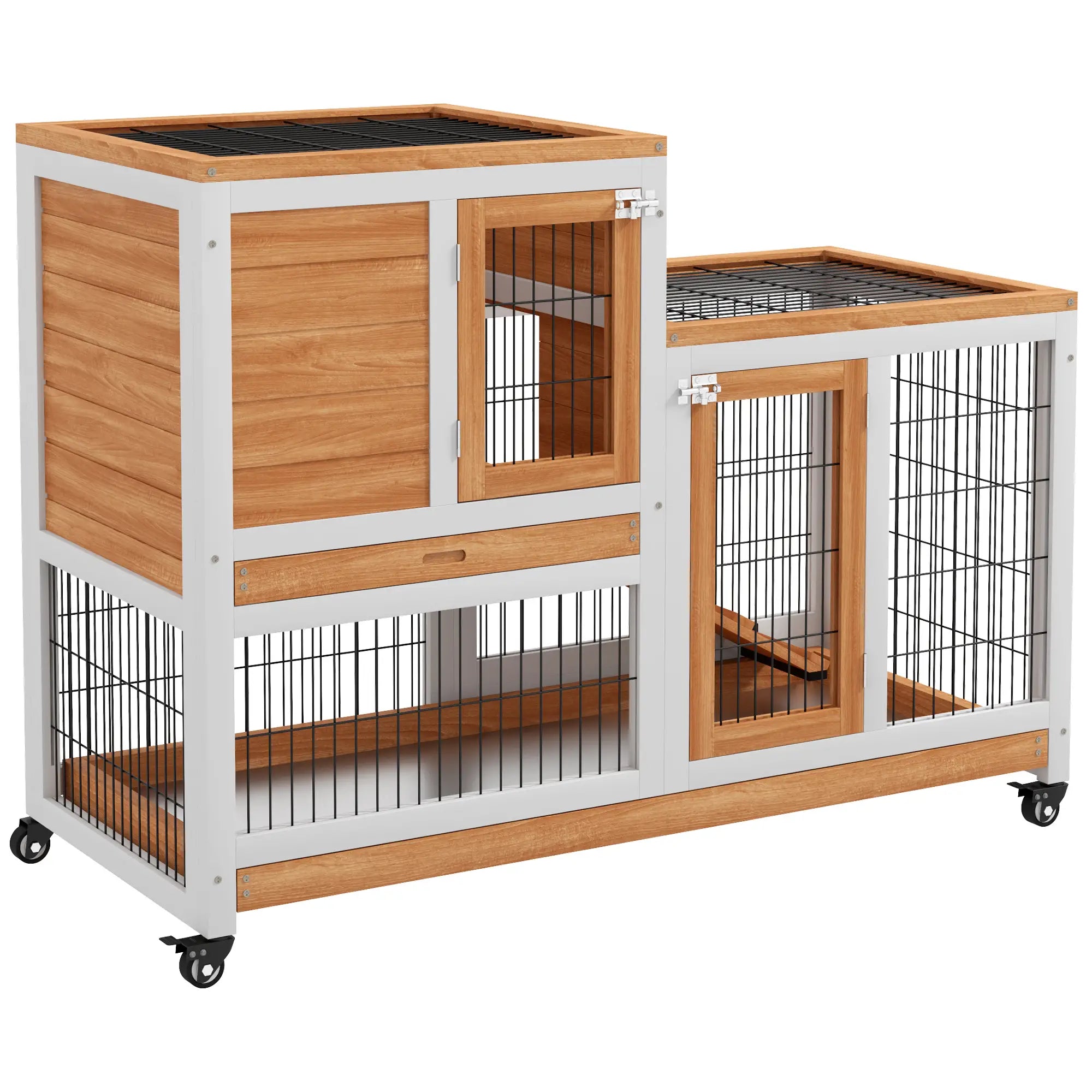 Wooden Rabbit Hutch, Indoor Bunny Cage with Wheels, Pull Out Trays, Yellow Rabbit Hutch at Gallery Canada