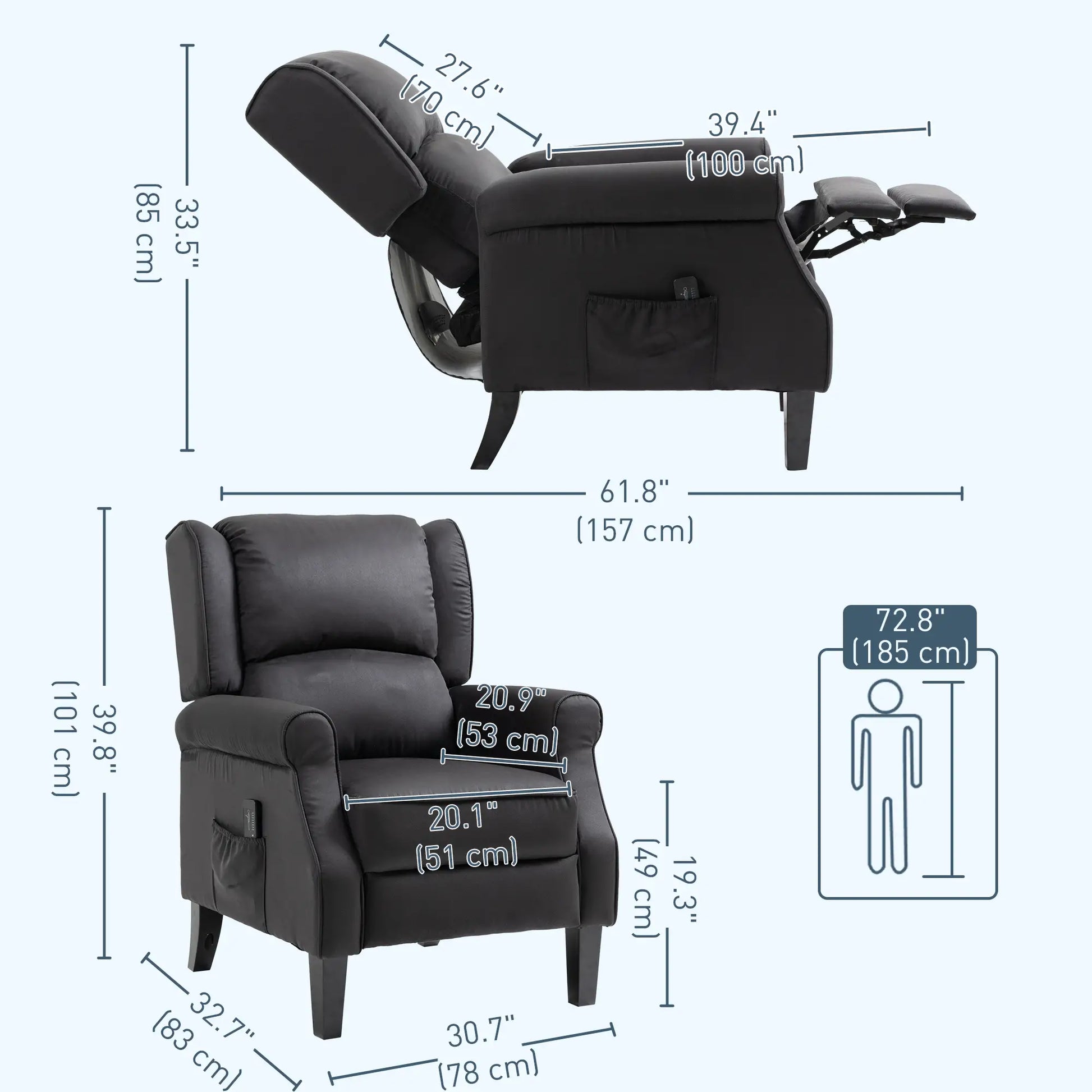 Massage Recliner Chair, Suede Wingback with Footrest, Wood Legs, Remote, Black Single Sofas at Gallery Canada