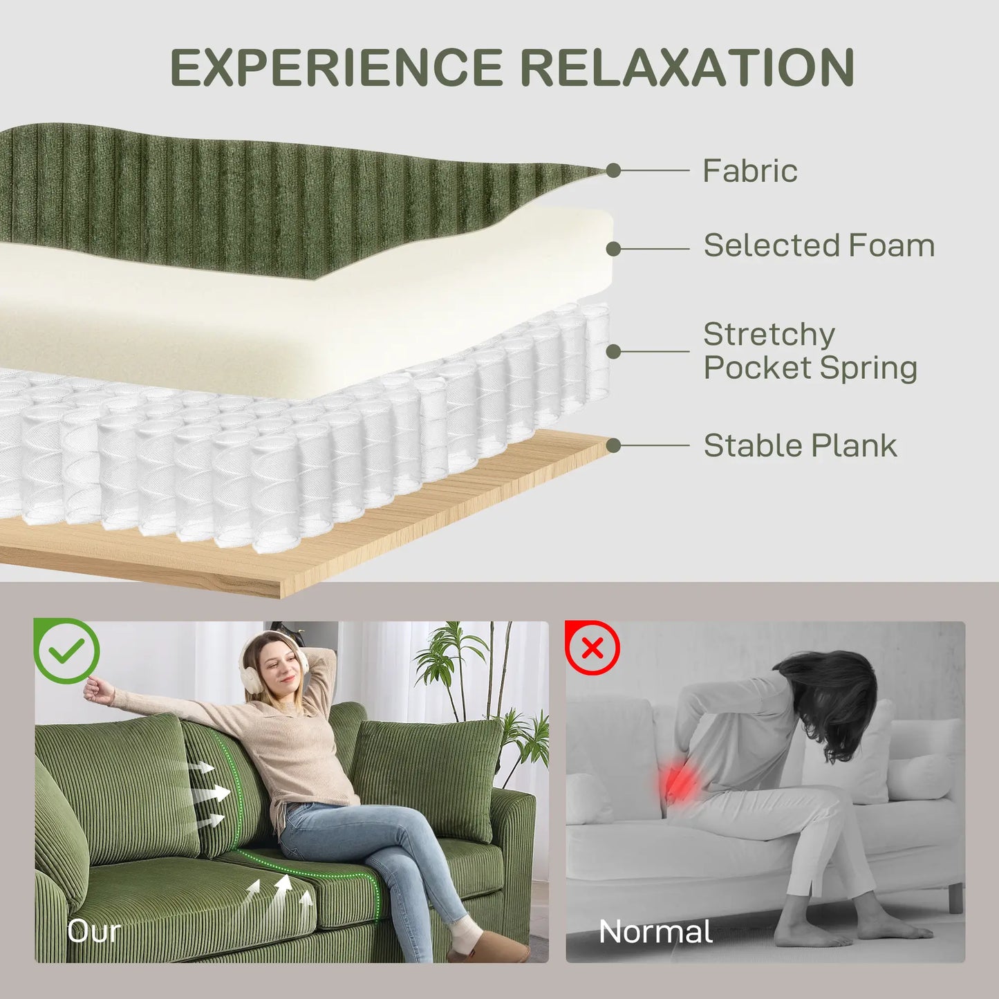 3 Seater Sofa, 83.5" Upholstered Couch, Pocket Spring, 2 Cushions, Green 3-Seater Sofas at Gallery Canada
