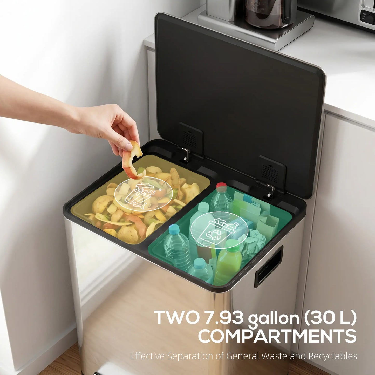 2 x 30L / 7.9 Gallon Dual Trash Can with Removable Inner Buckets and Handles for Kitchen, Office, Bathroom, Silver Household Supplies at Gallery Canada