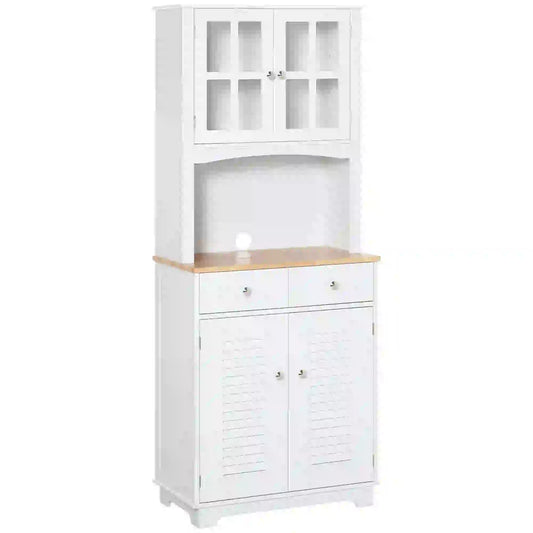 Coastal Kitchen Buffet Hutch, Wood Storage Cupboard, Glass Door, White Kitchen Pantry Cabinets White at Gallery Canada