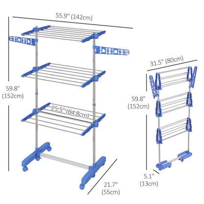 3-Tier Clothes Drying Rack, Stainless Steel Laundry Rack with 2 Side Wings and 6 Castors, Collapsible Adjustable Clothes Airer for Indoor Outdoor, Blue Bath Accessories at Gallery Canada
