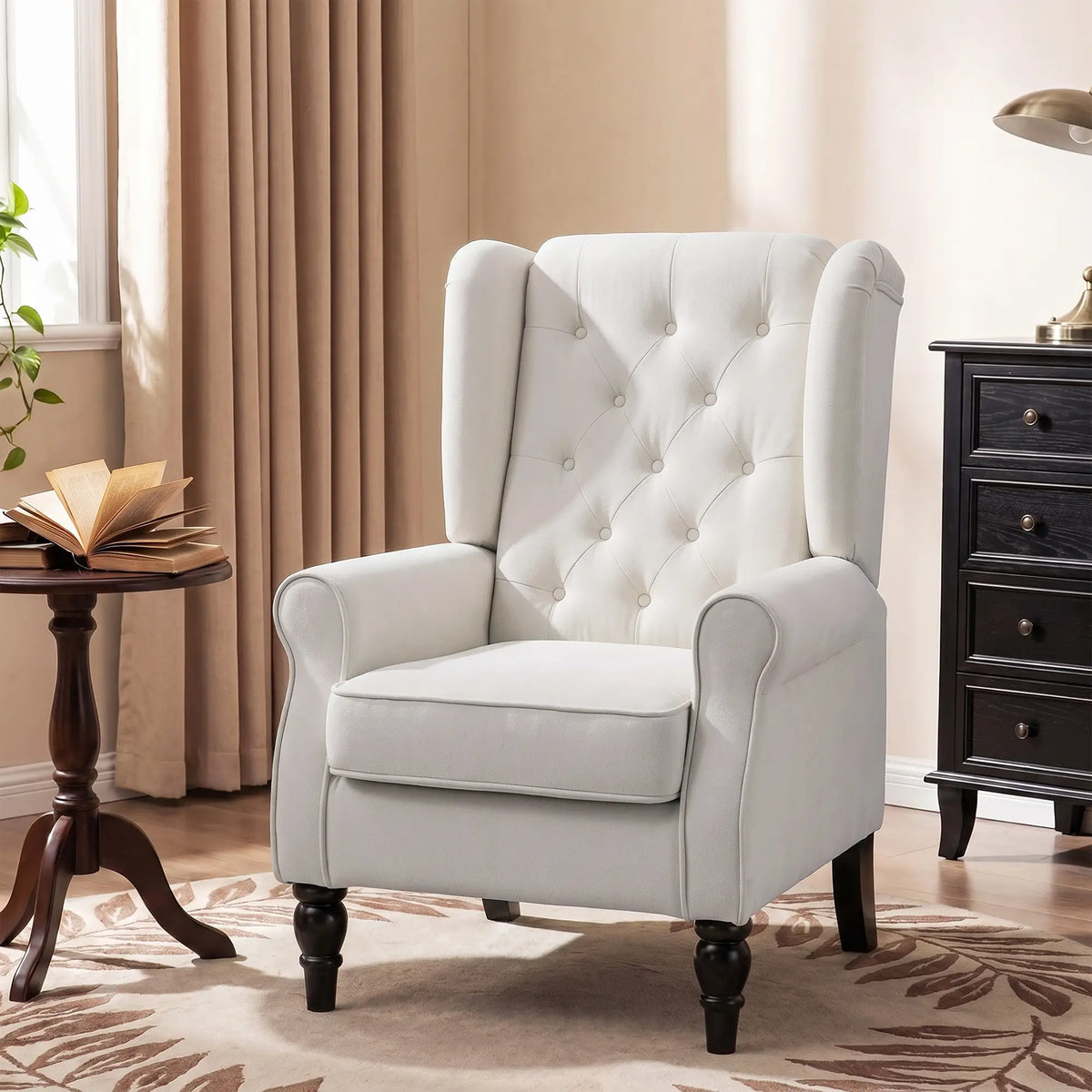 Modern Wingback Chair, Tufted Fabric Armchair With Wood Legs, White Accent Chairs at Gallery Canada