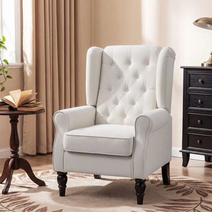 Modern Wingback Chair, Tufted Fabric Armchair With Wood Legs, White Accent Chairs at Gallery Canada
