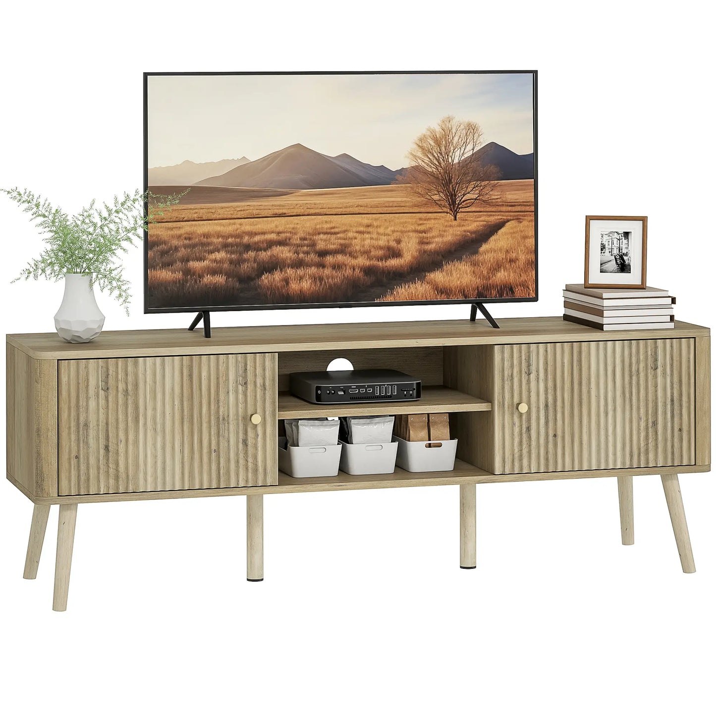 TV Stand for 65 Inch TV, Adjustable Shelves, Pine Wood Legs, Oak TV Stands at Gallery Canada
