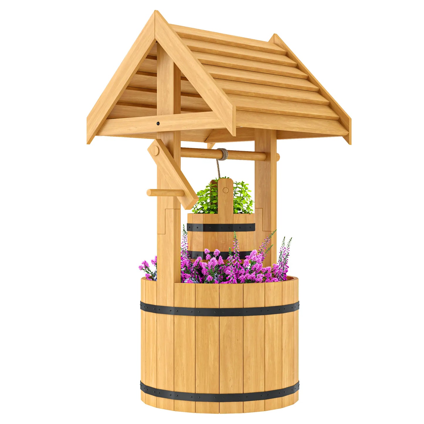 Wood Wishing Well Planter, Hanging Bucket, Drainage Hole, Orange Garden Decor at Gallery Canada