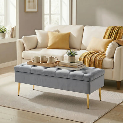 Upholstered Bedroom Bench with Gold Tone Metal Legs, Velvet Tufted and Thick Padding, Grey