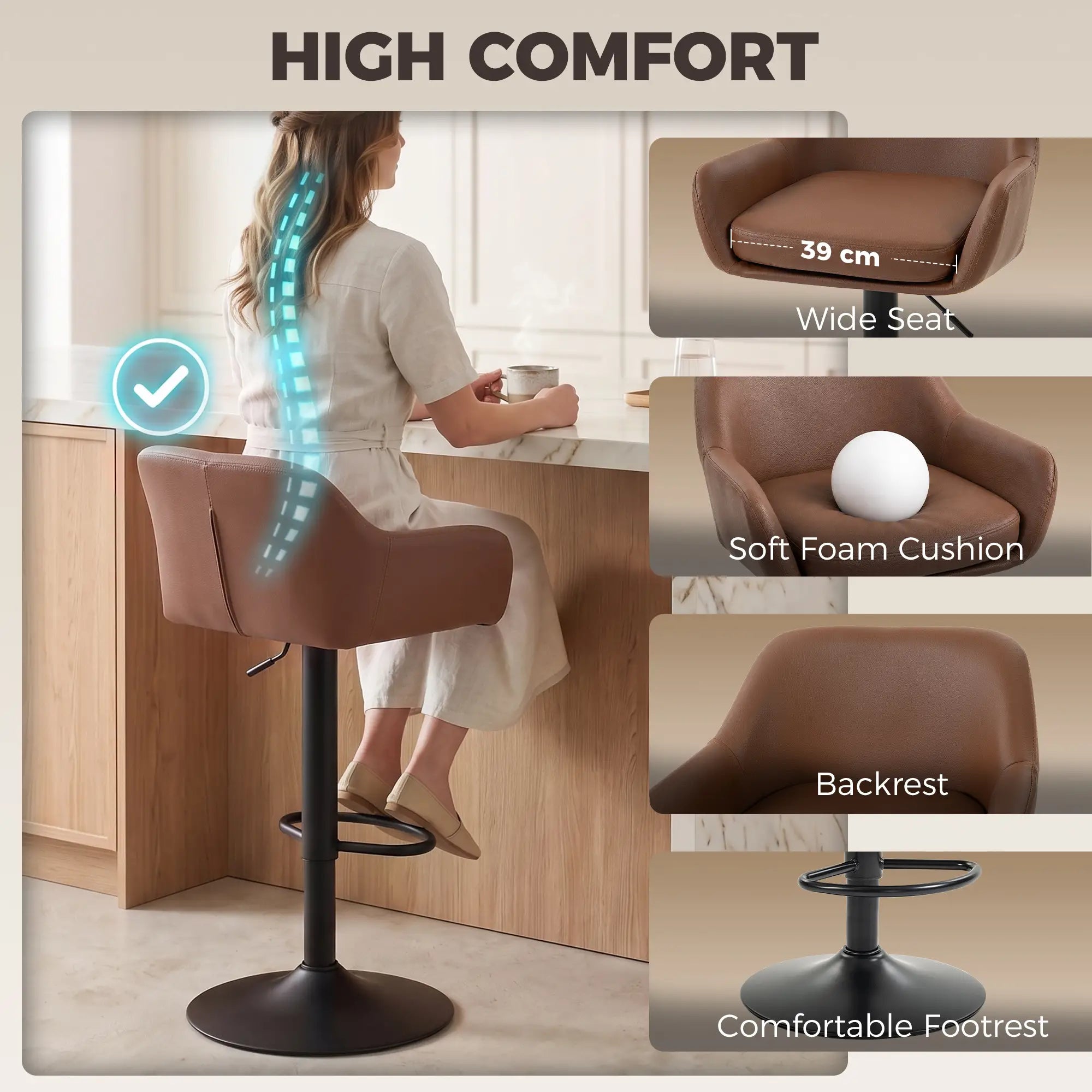 PU Leather Adjustable Swivel Bar Stools Set of 2, Brown Bar Stools at Gallery Canada