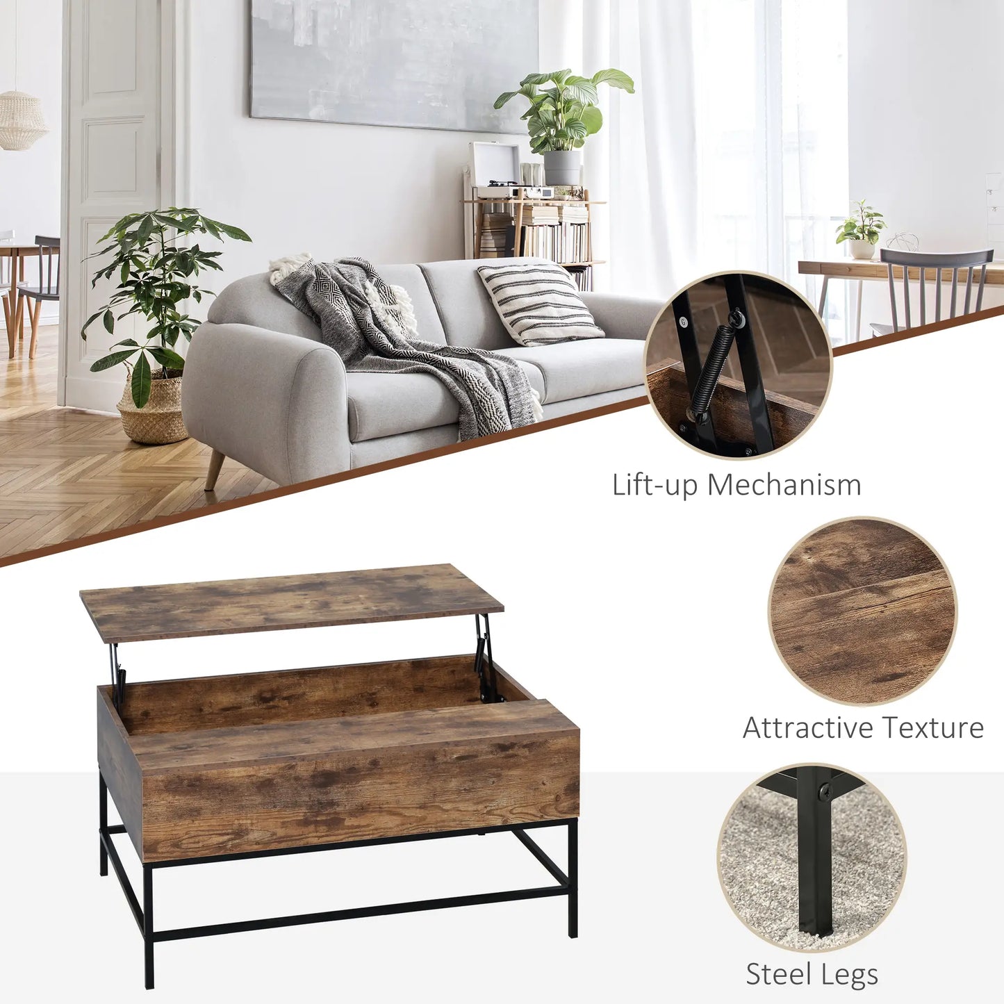 Lift Top Coffee Table, Hidden Storage, Living Room, Rustic Brown Coffee Tables at Gallery Canada