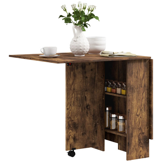 Extendable Dining Table, Collapsible w/ Shelves, Casters, Rustic Brown, Brown