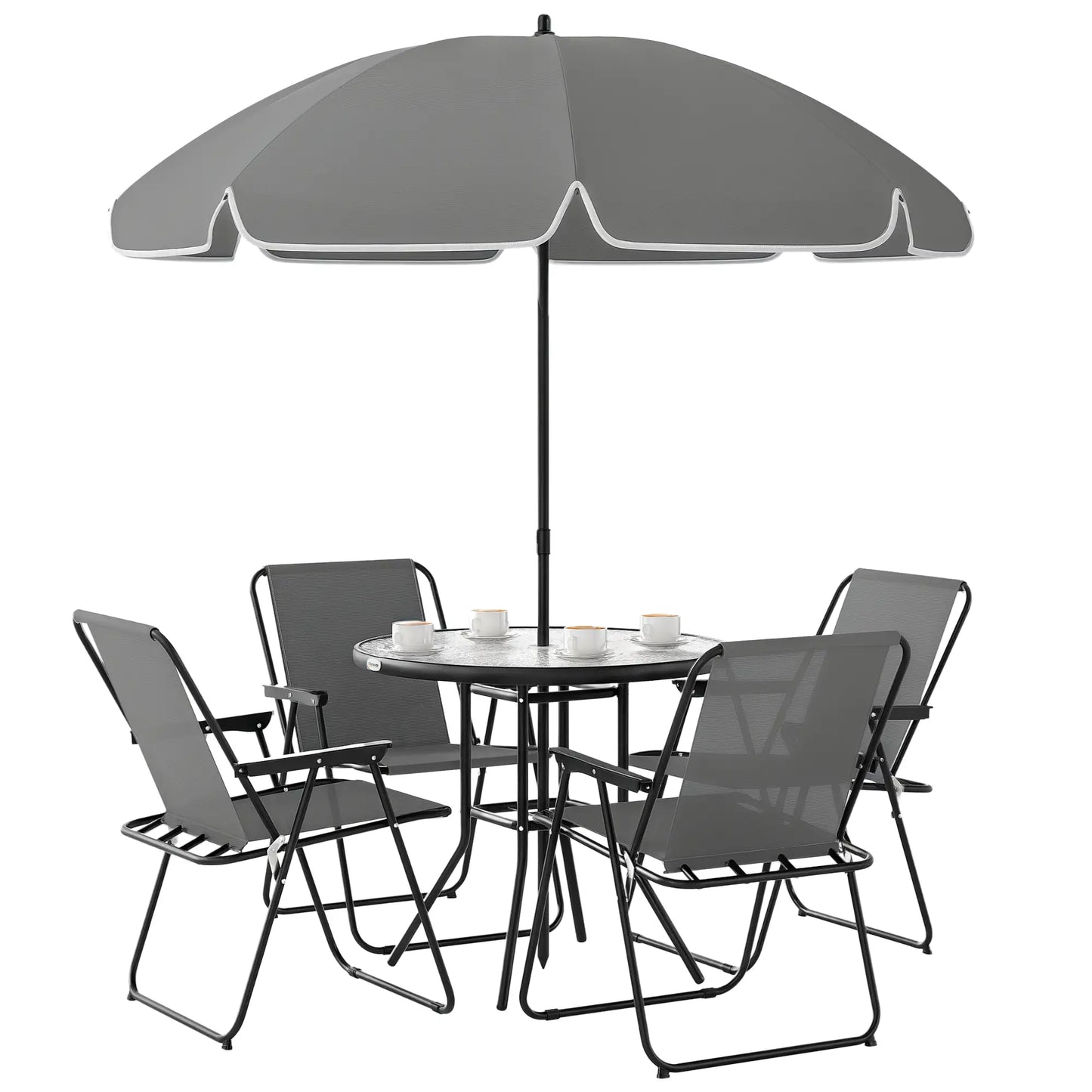 6-Piece Patio Dining Set, Umbrella, Folding Chairs, Glass Table, Grey Bistro Sets at Gallery Canada