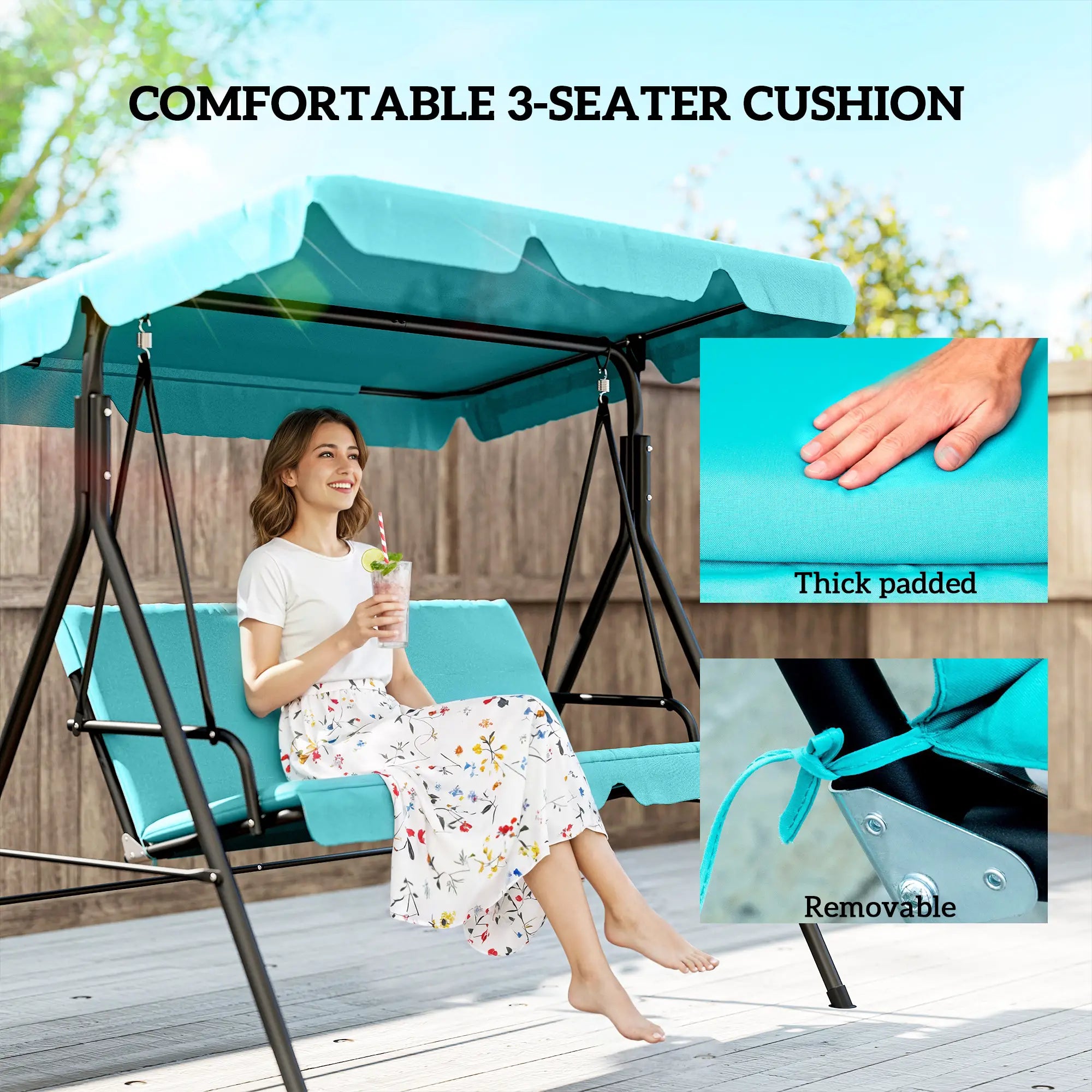 3-Seater Outdoor Porch Swing, Adjustable Canopy, Teal Porch Swings with Canopy at Gallery Canada