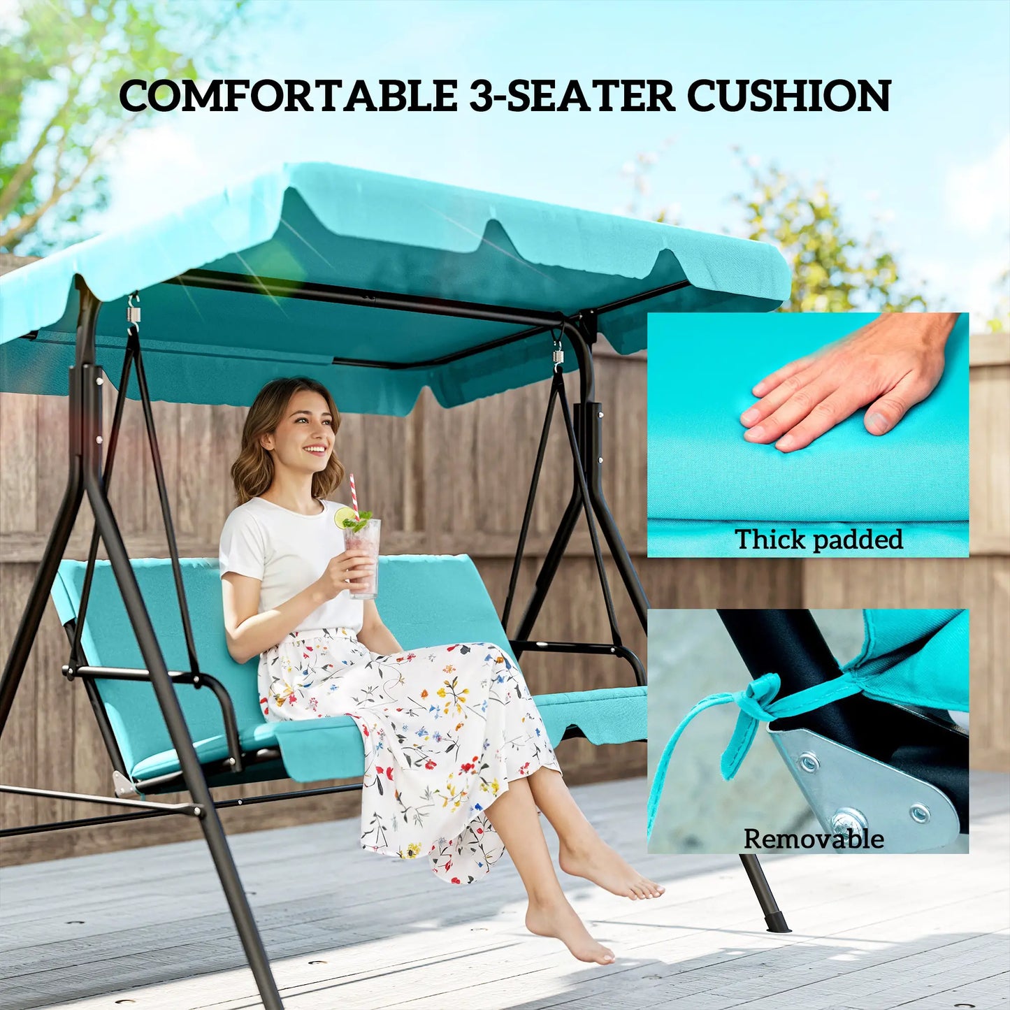 3-Seater Outdoor Porch Swing, Adjustable Canopy, Teal Porch Swings with Canopy at Gallery Canada