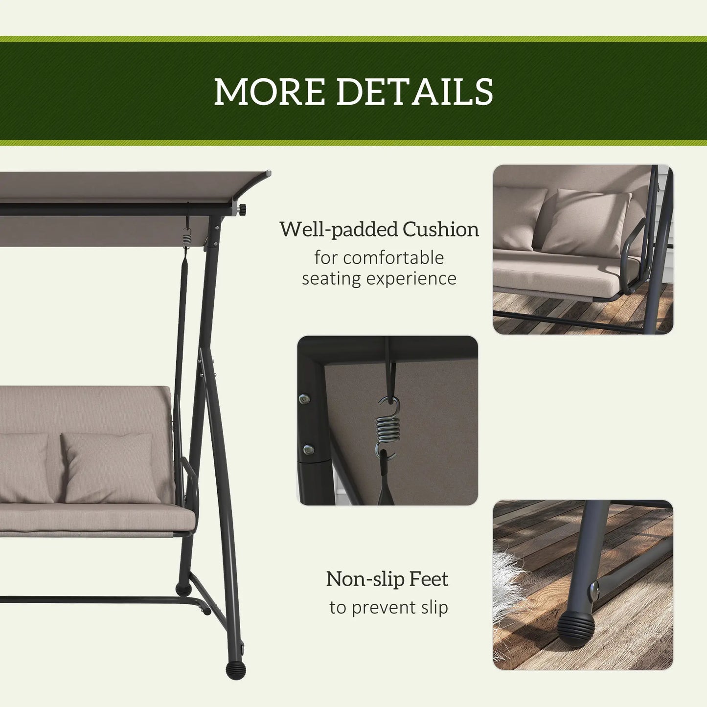 3 Seater Porch Swing, Convertible Chair Bed, Light Brown Patio Swings with Stand at Gallery Canada