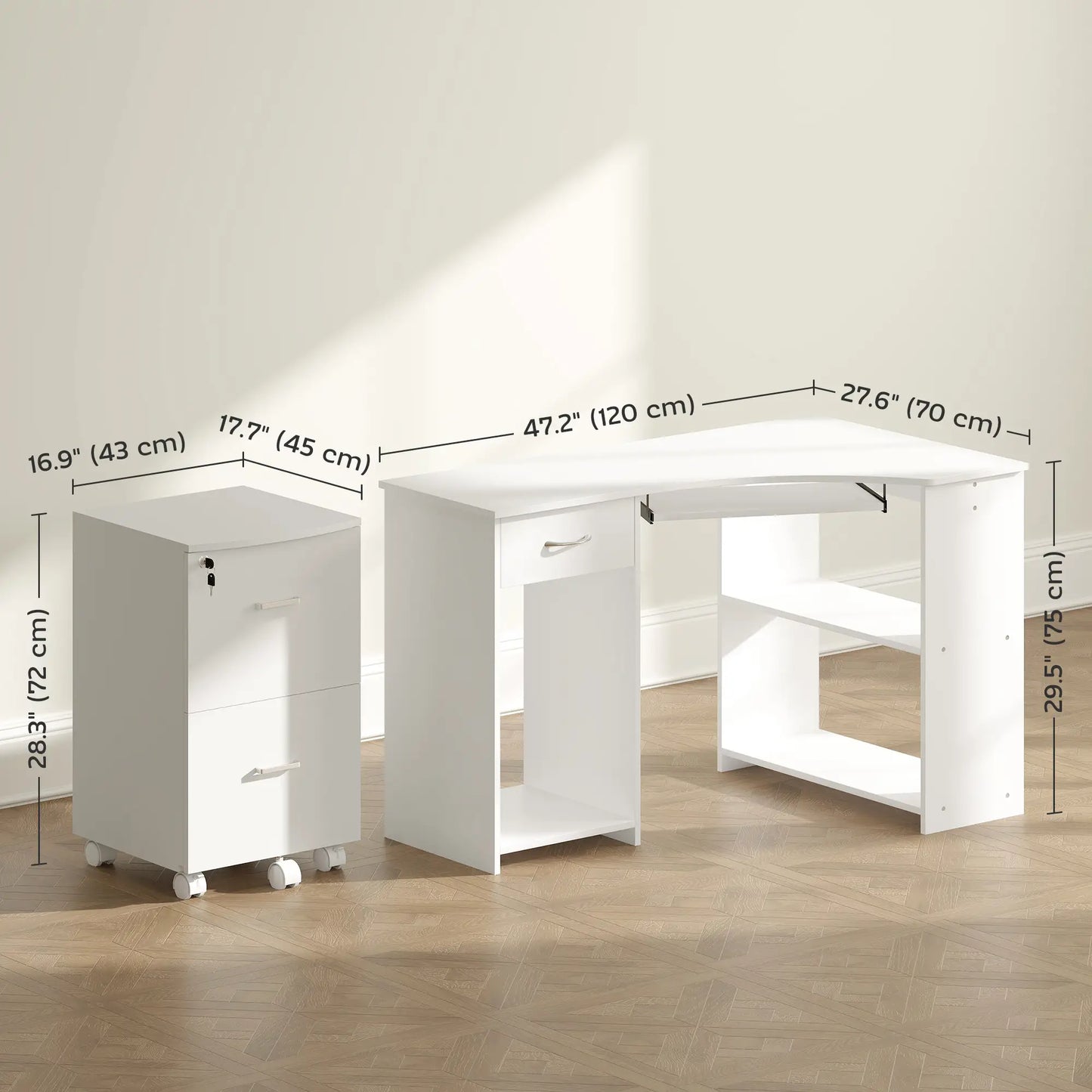 L-Shaped Computer Desk, File Cabinet Set, White Computer Desks at Gallery Canada