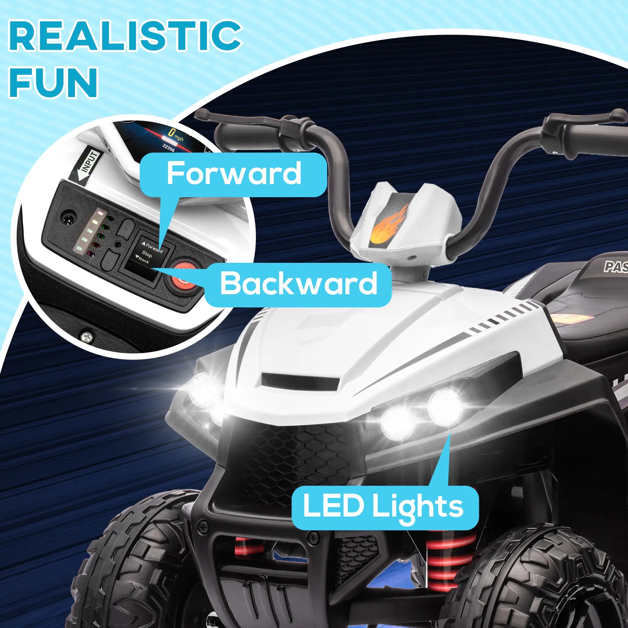 12V Kids ATV, Four Wheels, Spring Suspension, LED Light, MP3, White Electric Ride On Toys at Gallery Canada