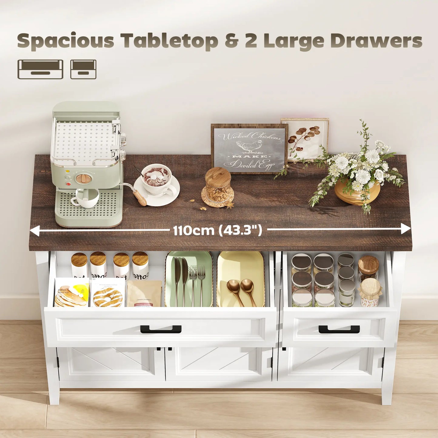 44" Farmhouse Sideboard Buffet Cabinet, 3 Chevron Doors, 2 Drawers, White Storage Cabinets at Gallery Canada