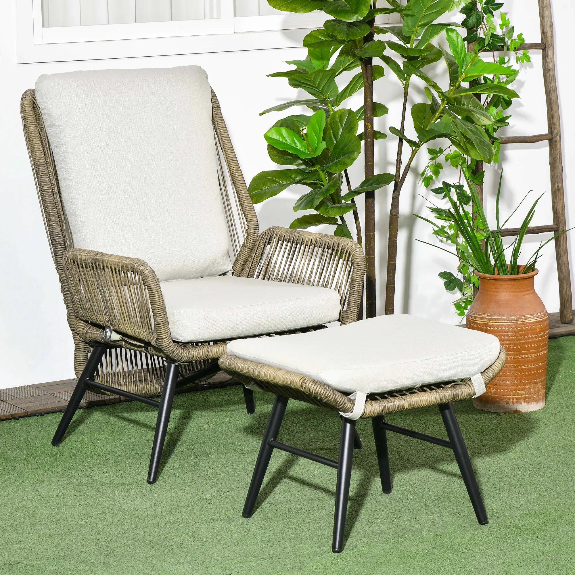 2 Pcs PE Rattan Leisure Chair Set, Outdoor Reclining Patio Chair with Footrest, Adjustable Backrest, Cushion, Khaki Patio Chairs at Gallery Canada