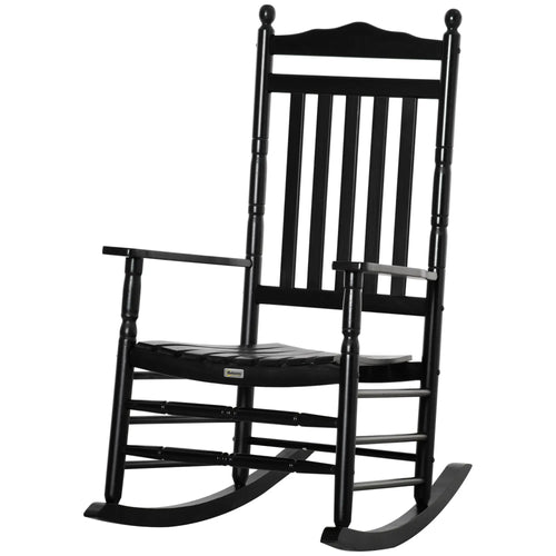 Wooden Outdoor Rocking Chair, Slatted High Back, Armrests, Black