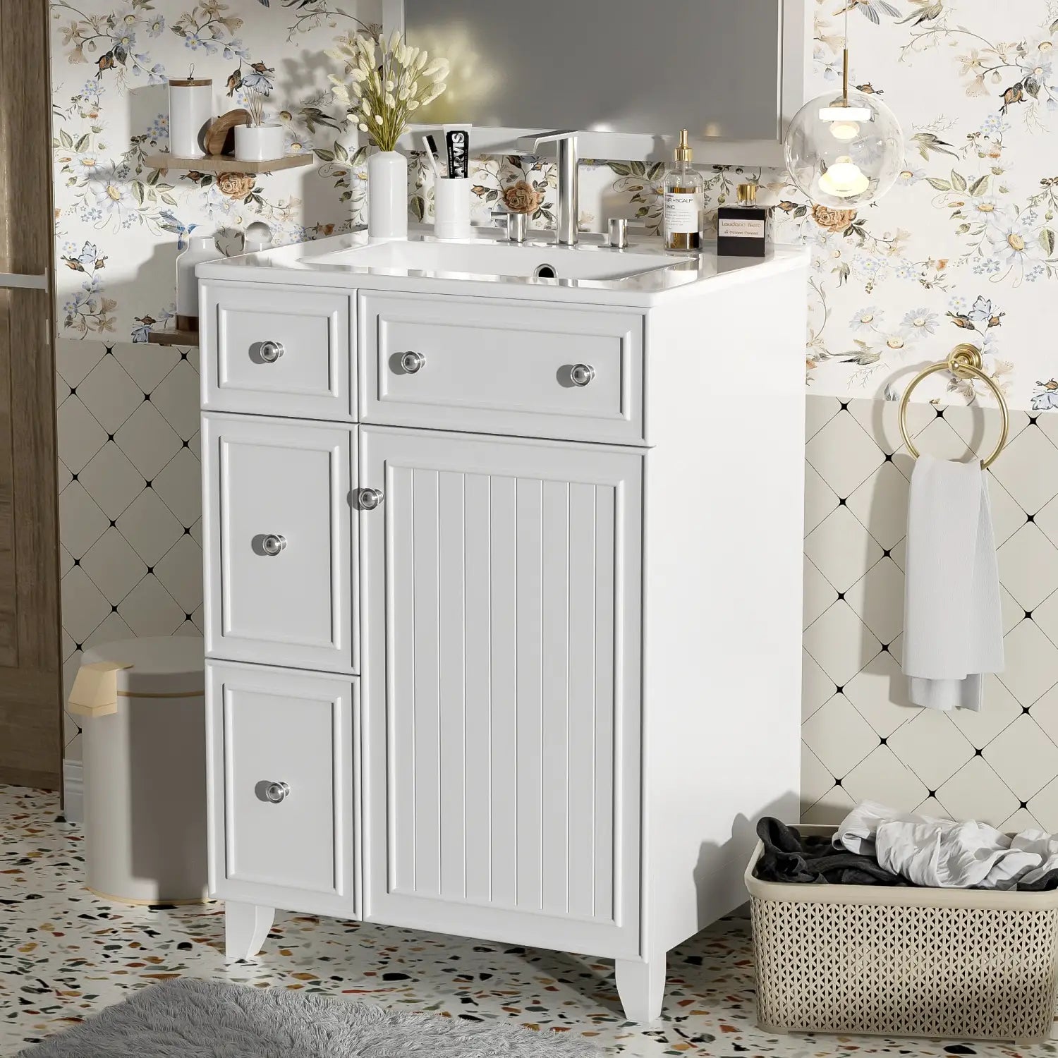 Bathroom Vanity Cabinet, 2 Drawers, Ceramic Sink, Solid Wood, 24