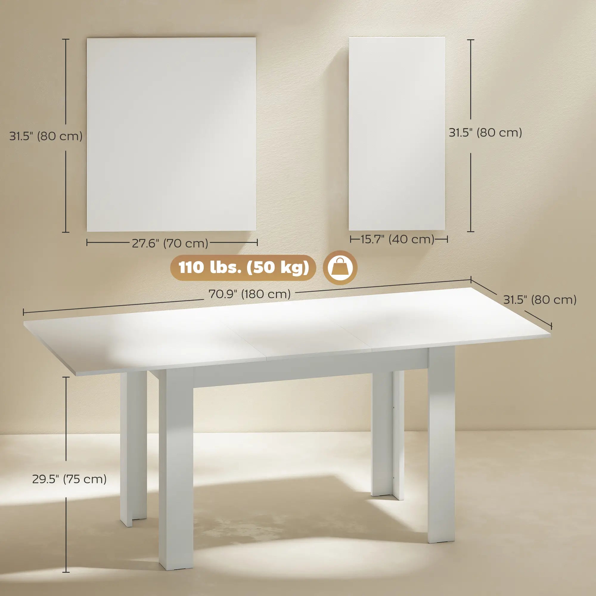 Modern Extendable Dining Table, 55.1 x 31.5 in, For 6-8 People, White Dining Tables at Gallery Canada