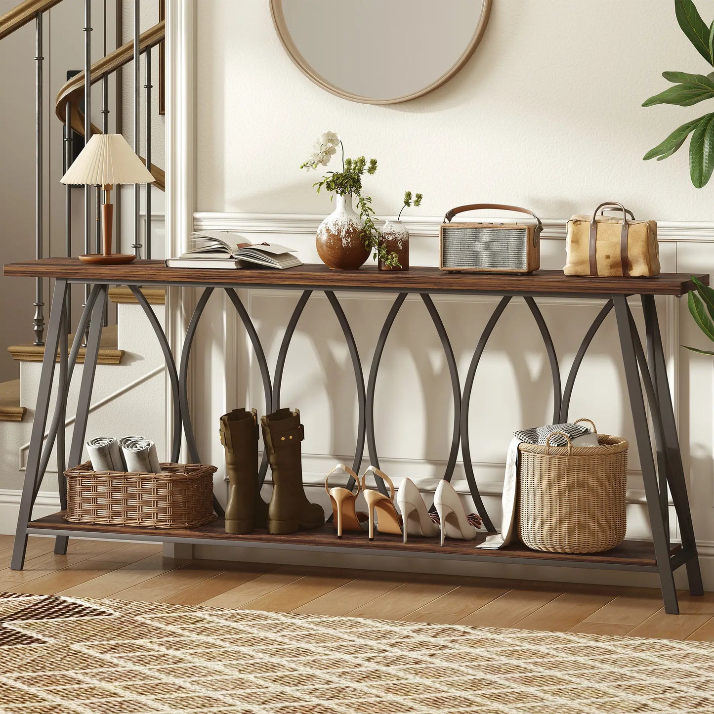 71" Console Table, Industrial 2-Tier Narrow Entryway Table, Rustic Brown, Brown Console Tables at Gallery Canada
