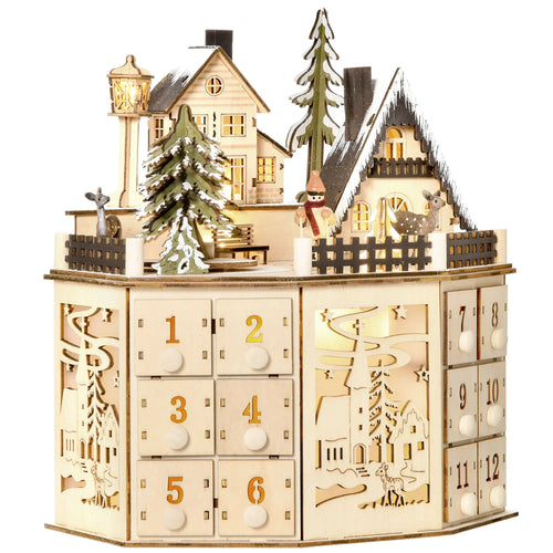 Wooden Christmas Advent Calendar, Lighted 24 Days, Battery Operated, Natural