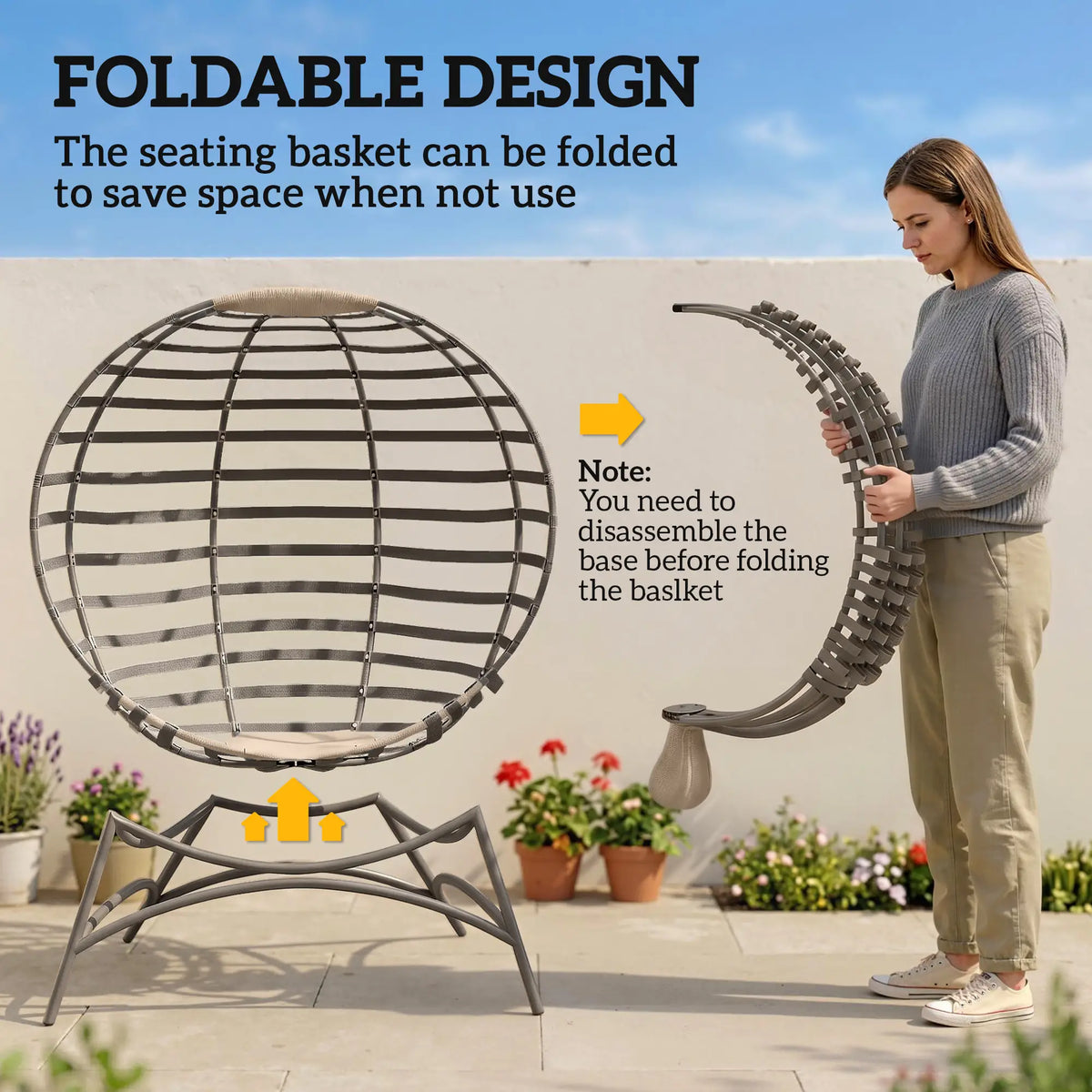 Egg Chair, Patio Lounge Chair, Foldable Basket Chair with Large Seat Cushion, Side Pocket, Sand Patio Chairs at Gallery Canada