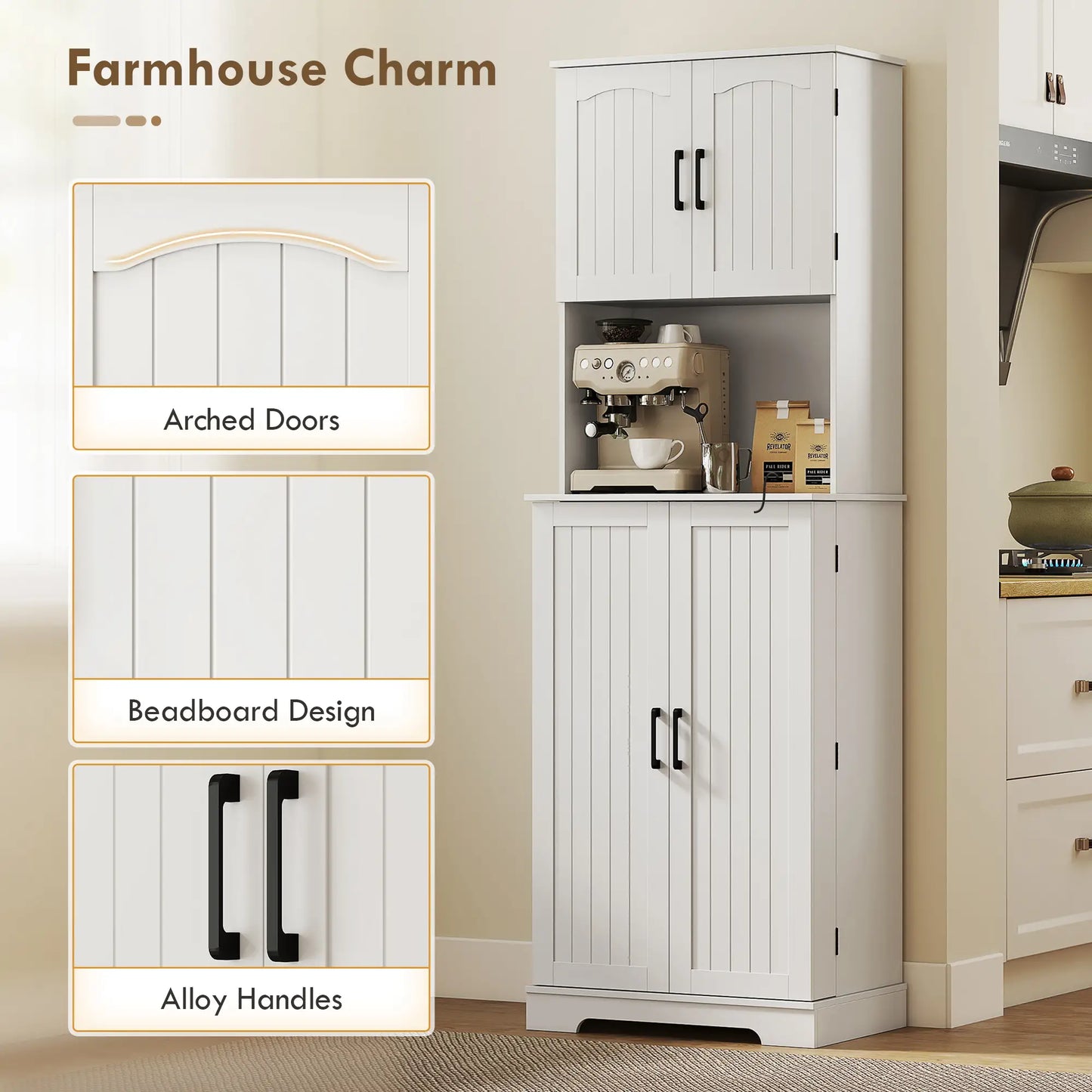 71.5" Tall Pantry Cabinet, Farmhouse Kitchen Storage, Adjustable Shelves, White Kitchen Pantry Cabinets at Gallery Canada