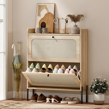 Shoe Cabinet With 2 Flip Drawers, Narrow Storage, Oak