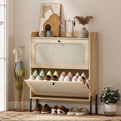 Shoe Cabinet With 2 Flip Drawers, Narrow Storage, Oak