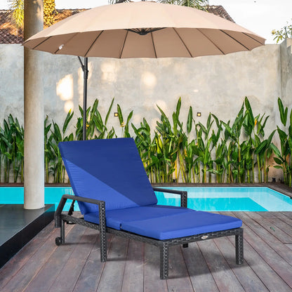 PE Rattan Chaise Lounger, Outdoor Recliner, 5-Level Backrest, 2 Wheels, Dark Blue Chaise Loungers at Gallery Canada