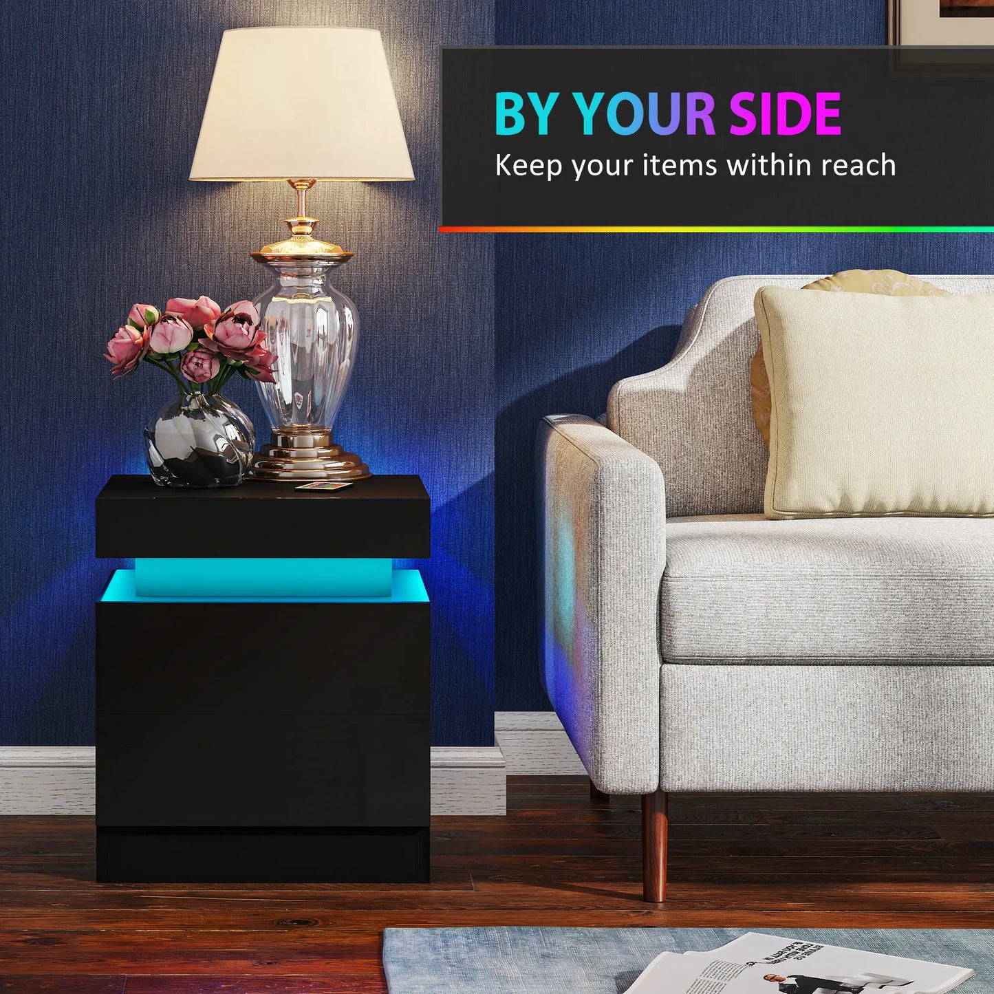 Nightstand Set of 2, End Tables with LED Lights, 2 Drawers, Black Bedside Tables at Gallery Canada