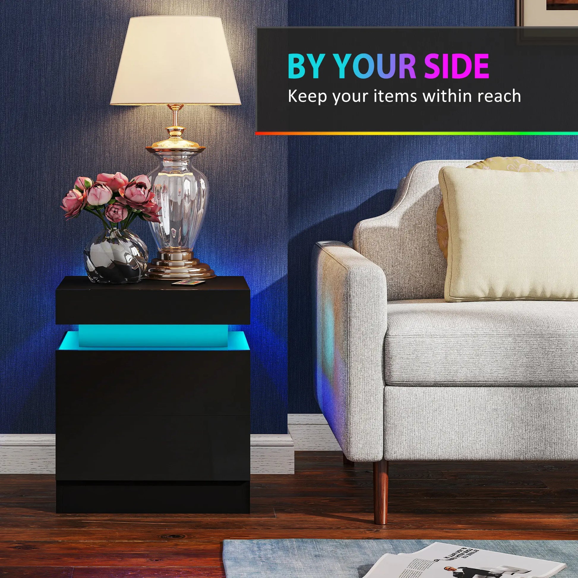 Nightstand Set of 2, End Tables with LED Lights, 2 Drawers, Black Bedside Tables at Gallery Canada