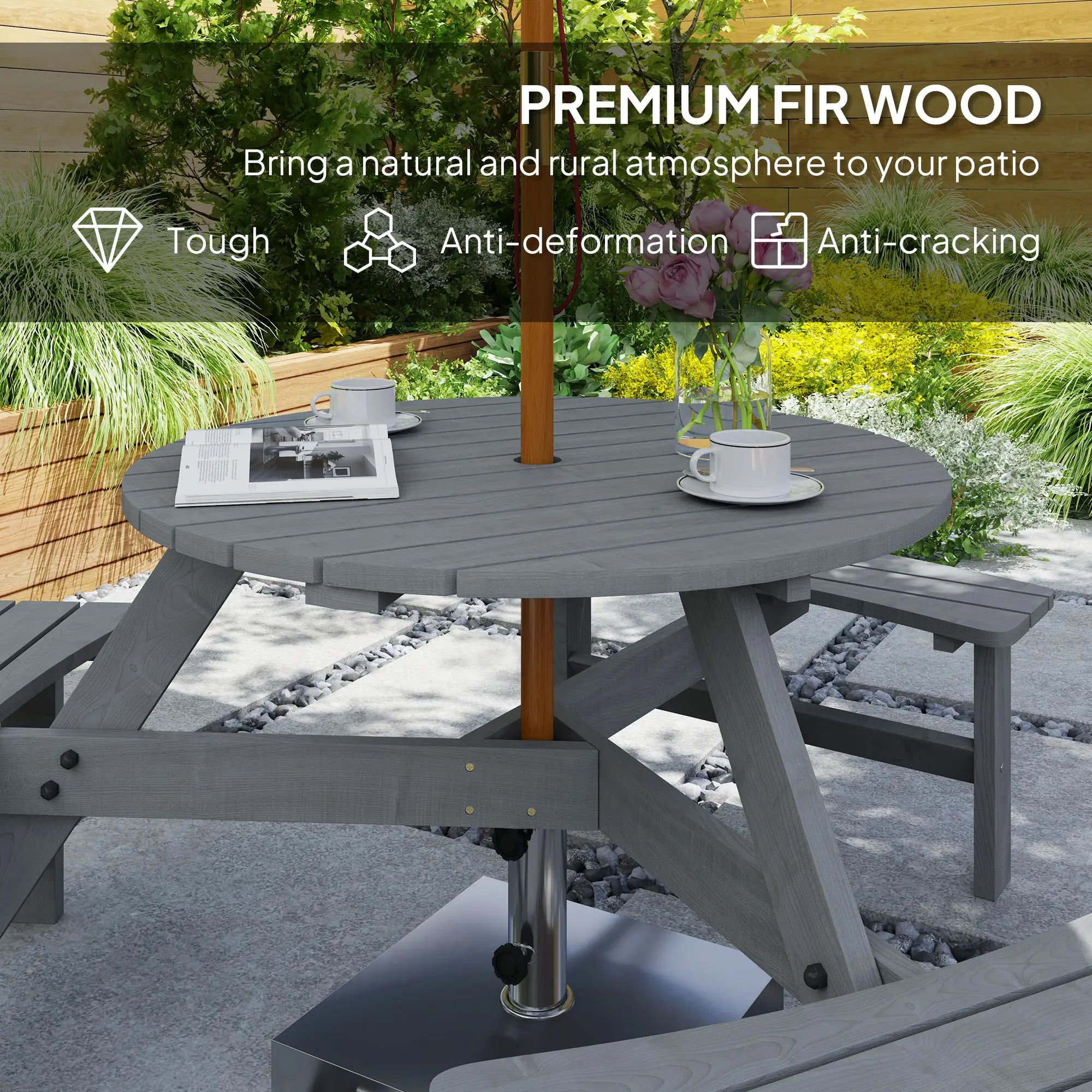 6 Person Round Picnic Table, With Umbrella Hole, 3 Built-in Benches, Grey Outdoor Dining Sets at Gallery Canada