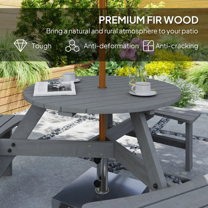 6 Person Round Picnic Table, With Umbrella Hole, 3 Built-in Benches, Grey Outdoor Dining Sets at Gallery Canada