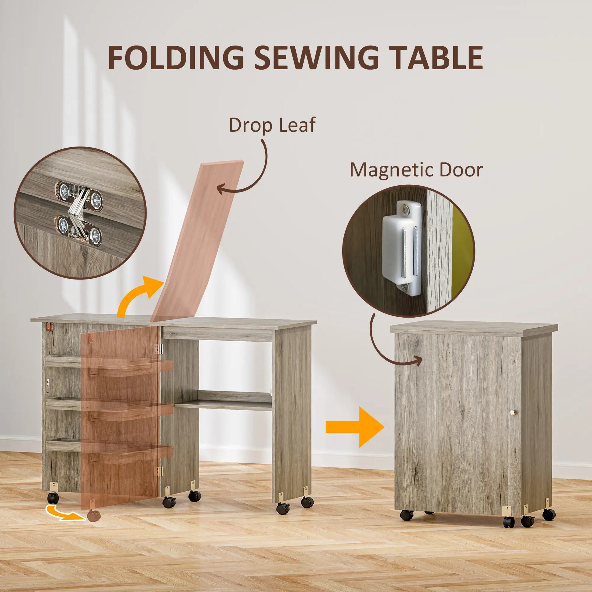 Folding Sewing Table with Storage Shelf, Bins, Lockable Wheels, Grey Storage Cabinets at Gallery Canada