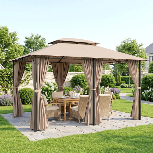 10' x 13' Patio Gazebo, Outdoor Garden Canopy with Curtains, Khaki