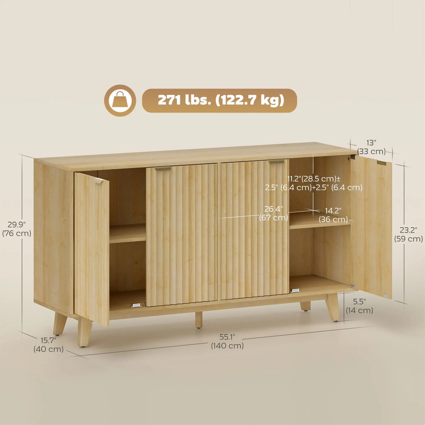 Fluted Sideboard Buffet, 55" Coffee Bar Cabinet, 4 Doors, 2 Shelves, Nature Wood Storage Cabinets at Gallery Canada