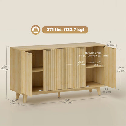 Fluted Sideboard Buffet, 55" Coffee Bar Cabinet, 4 Doors, 2 Shelves, Nature Wood Storage Cabinets at Gallery Canada