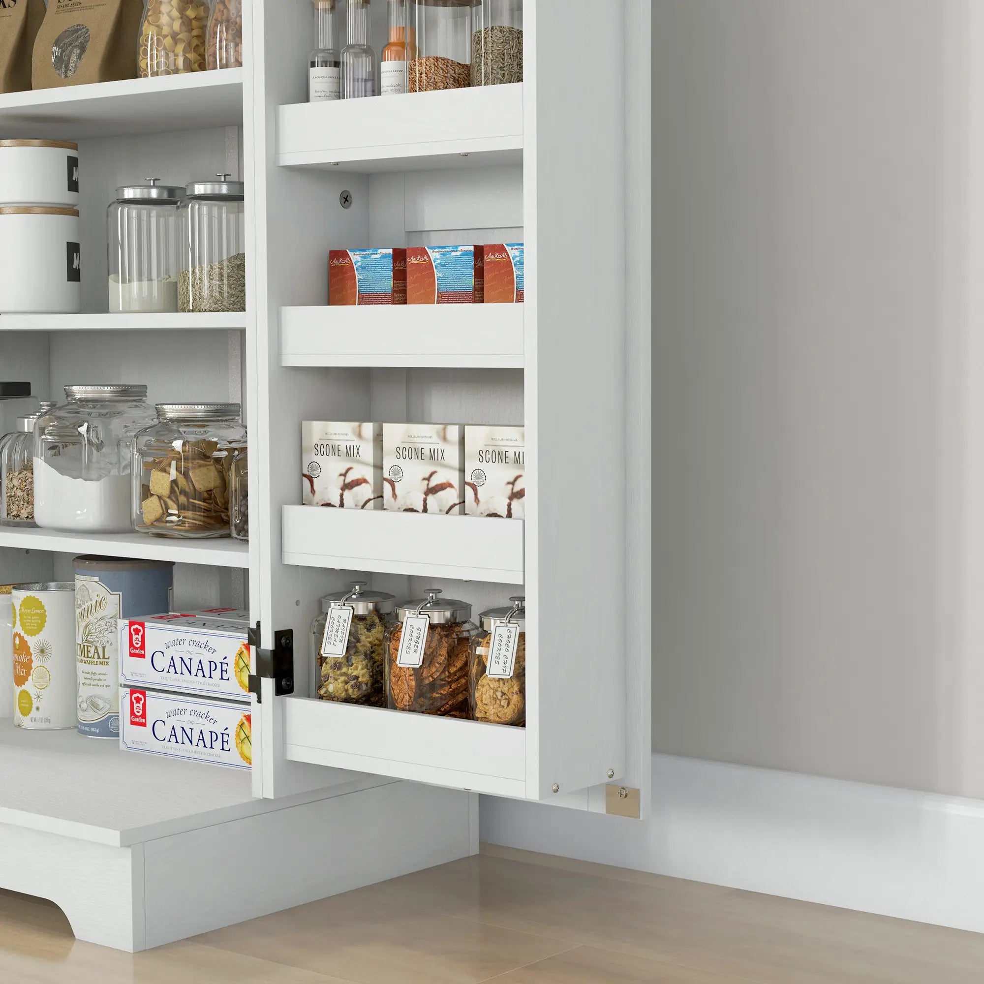 Farmhouse Kitchen Pantry Cabinet, Adjustable Shelves, White Cream Kitchen Pantry Cabinets at Gallery Canada