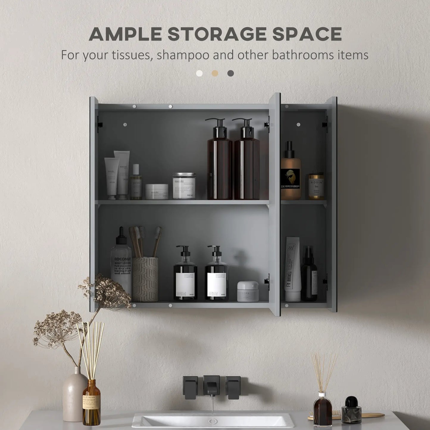 28" x 24" Wall Mounted Mirror Cabinet, 3 Doors, Adjustable Shelves, Grey Mirror Medicine Cabinets at Gallery Canada