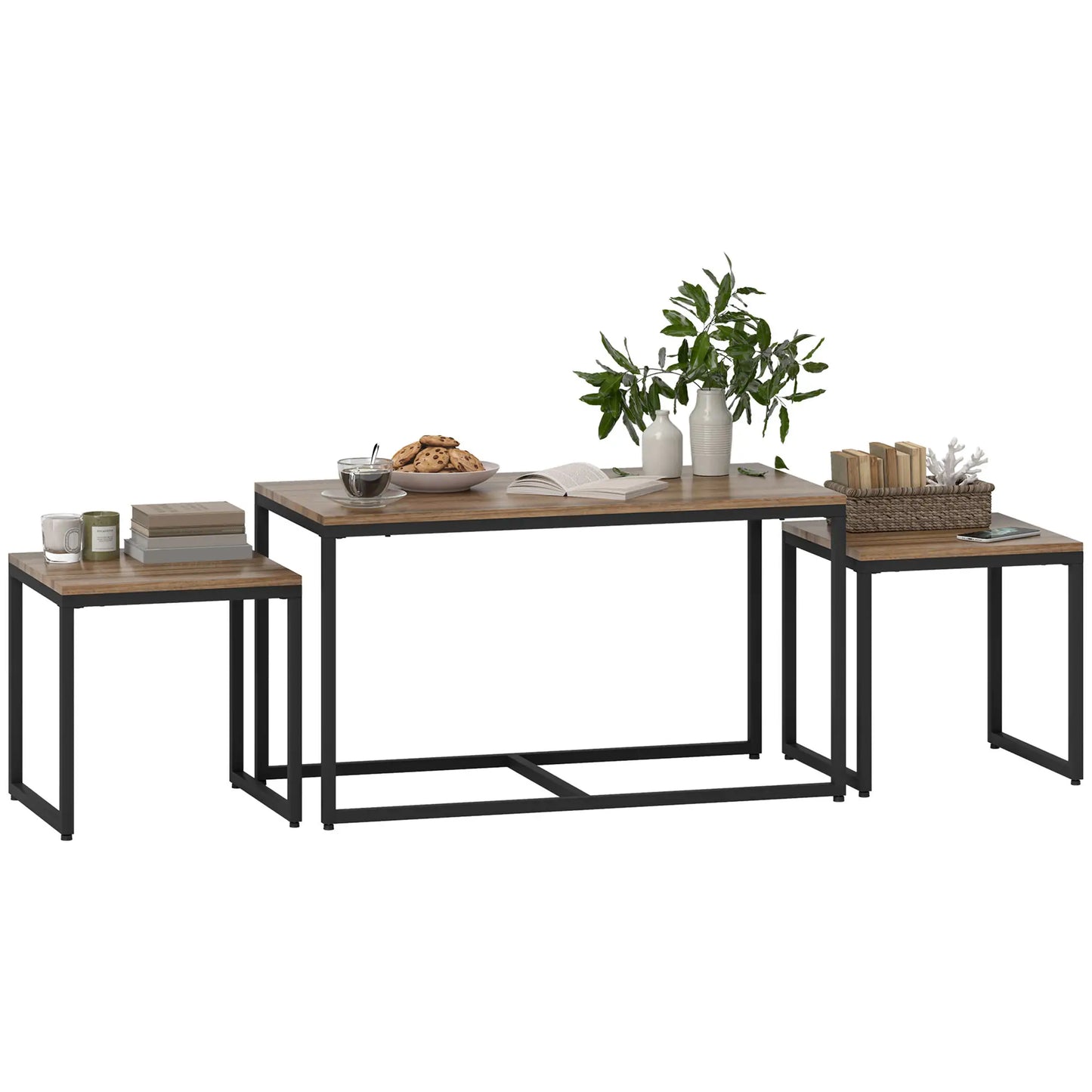 Nesting Coffee Table Set of 3, Black Metal Frame, 3-Piece, Brown Coffee Tables at Gallery Canada
