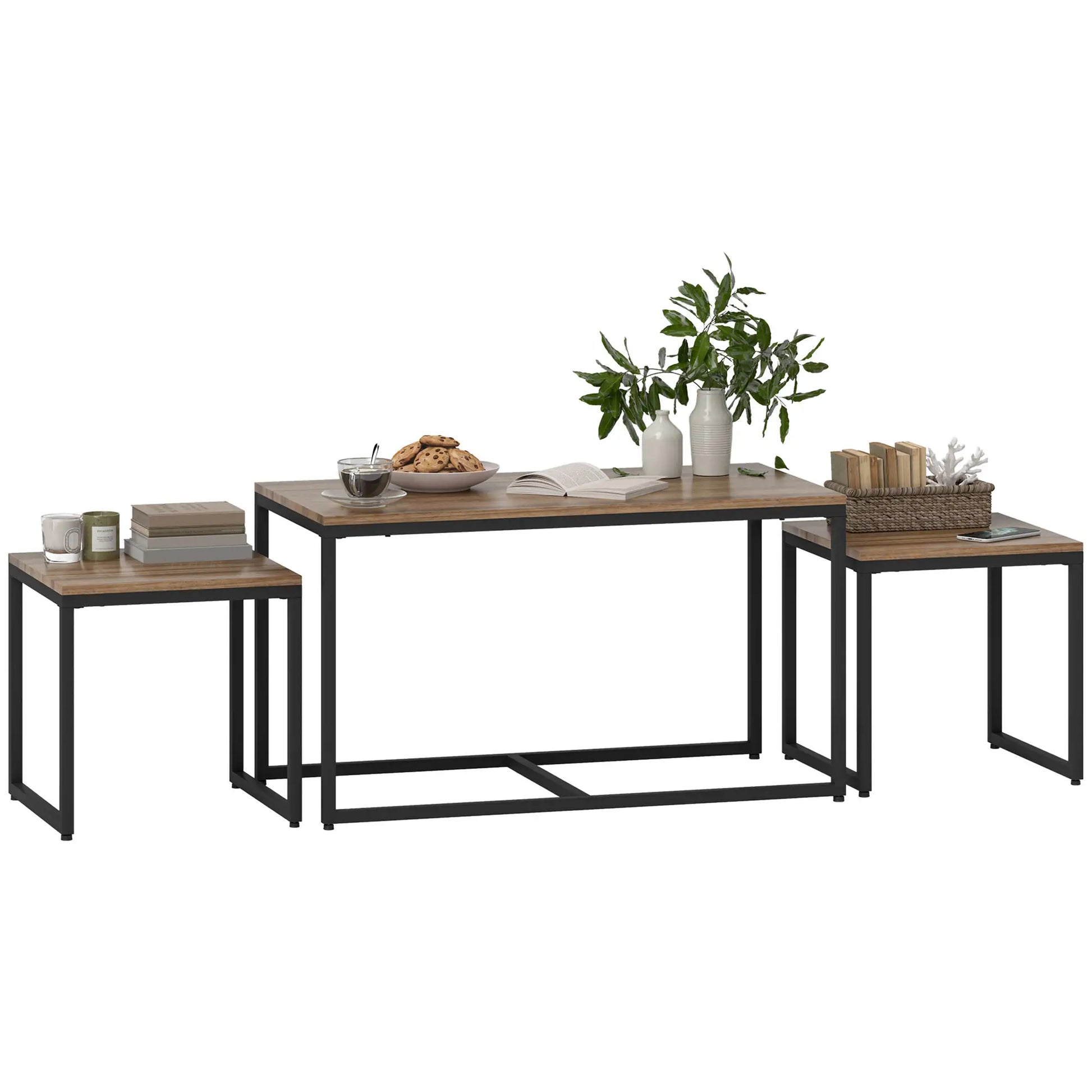 Nesting Coffee Table Set of 3, Black Metal Frame, 3-Piece, Brown Coffee Tables at Gallery Canada
